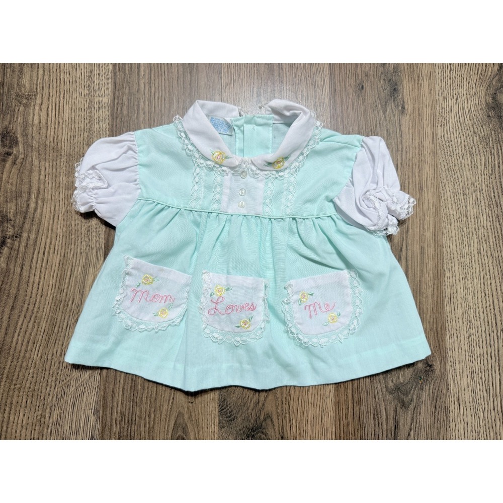 Vintage Cradle Togs Infant  3 months dress Button Up Green White Mom Loves Me